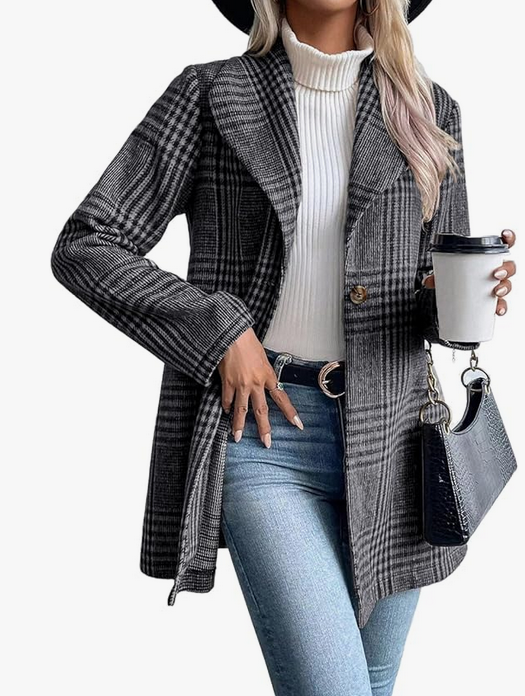 Blazer long en laine à carreaux