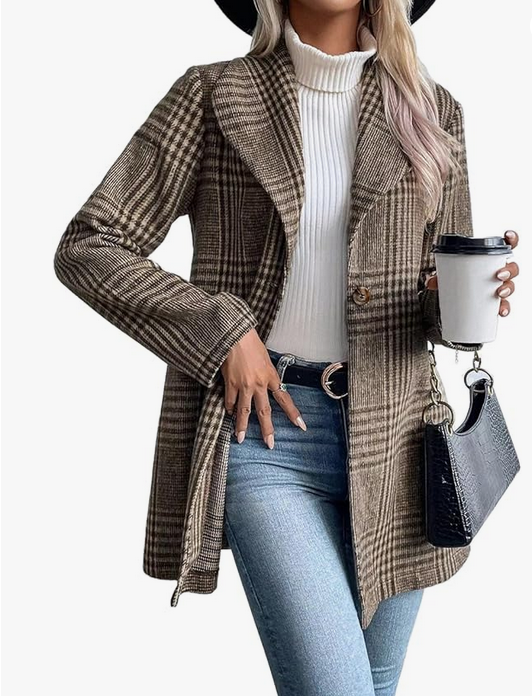 Blazer long en laine à carreaux